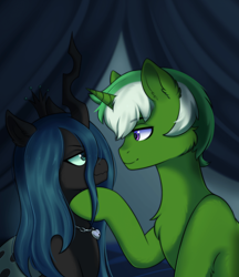 Size: 960x1109 | Tagged: safe, artist:alune, queen chrysalis, oc, oc:chain whip, changeling, changeling queen, pony, unicorn, g4, canon x oc, chaisalis, duo, female, looking at each other, looking at someone