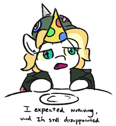 Size: 394x428 | Tagged: safe, artist:jargon scott, oc, oc:dyxkrieg, alicorn, pony, clothes, female, filly, hat, helmet, jacket, magical lesbian spawn, malcolm in the middle, meme, offspring, parent:oc:dyx, parent:oc:luftkrieg, parents:oc x oc, party hat, pickelhaube, ponified meme, simple background, solo, white background, wingding eyes
