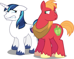 Size: 1724x1381 | Tagged: safe, artist:firestorm-can, artist:frownfactory, artist:rainbowderp98, edit, editor:slayerbvc, vector edit, big macintosh, shining armor, earth pony, pony, unicorn, g4, colored hooves, duo, freckles, lip bite, looking at each other, male, missing freckles, nervous, simple background, stallion, transparent background, unshorn fetlocks, vector