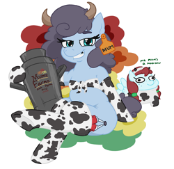 Size: 1461x1419 | Tagged: safe, artist:jargon scott, oc, oc:pippin poppyseed, oc:polly poppyseed, earth pony, pegasus, pony, chubby, clothes, cow costume, cowprint, ear tag, fake horns, female, filly, freckles, gloves, grin, mare, milf, milk jug, mother and child, mother and daughter, plump, simple background, smiling, socks, squatpony, stockings, thigh highs, tooth gap, white background