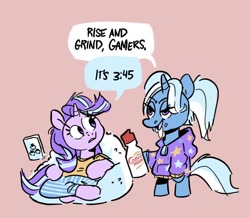 Size: 640x558 | Tagged: safe, artist:kyssimmee, starlight glimmer, trixie, pony, unicorn, g4, alternate hairstyle, babysitter trixie, cellphone, clothes, female, hoodie, lesbian, pajamas, phone, quarantine, ship:startrix, shipping, smartphone