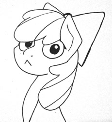 Size: 1280x1386 | Tagged: safe, artist:ewoudcponies, apple bloom, earth pony, pony, g4, :<, black and white, female, filly, grayscale, looking at you, monochrome, solo, traditional art