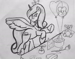 Size: 2311x1810 | Tagged: safe, princess cadance, alicorn, pony, g4, balloon, candy, female, flower, food, hearts and hooves day, hearts and hooves day cards, lineart, mare, open mouth, open smile, party balloon, perfume, present, rose, smiling, solo, teddy bear