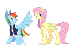 Size: 4000x2618 | Tagged: safe, artist:yaco, fluttershy, rainbow dash, pegasus, pony, g4, alternate hairstyle, female, hair bun, lesbian, mare, ship:flutterdash, shipping, simple background, spread wings, white background, wings