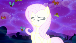 Size: 1280x720 | Tagged: safe, screencap, fluttershy, pegasus, pony, do princesses dream of magic sheep, g4, my little pony: friendship is magic, season 5, eyes closed, female, flying, food, mare, muffin, solo, transformation, wings