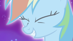 Size: 1280x720 | Tagged: safe, screencap, rainbow dash, pegasus, pony, do princesses dream of magic sheep, g4, my little pony: friendship is magic, season 5, close-up, eyes closed, female, mare, night, smiling, solo, transformation