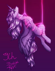 Size: 2100x2700 | Tagged: safe, artist:jsunlight, oc, oc only, alicorn, pony, arm behind back, auction, auction open, bondage, commission, digital art, high res, neon, rope, rope bondage, shibari, solo, spread wings, suspended, suspension bondage, wings, ych sketch, your character here