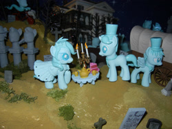Size: 2828x2121 | Tagged: safe, artist:silverband7, ghost, ghost pony, bow, cake, candelabra, clothes, covered wagon, cup, dress, female, food, graveyard, hair bow, hat, high res, male, table, tea, teacup, the haunted mansion, top hat