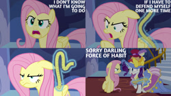 Size: 1280x720 | Tagged: safe, edit, edited screencap, editor:quoterific, screencap, fluttershy, rarity, pegasus, pony, unicorn, fame and misfortune, g4, season 7, angry, clothes, dress, duo, duo female, female, fluttershy is not amused, looking at each other, magic, mare, measuring tape, open mouth, rarity being rarity, telekinesis, twilight's castle, unamused