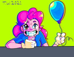 Size: 2320x1792 | Tagged: safe, artist:beefgummies, pinkie pie, equestria girls, g4, balloon, clothes, colorful, droplet, gloves, looking at you, needs more saturation, party balloon, psychedelic, saturated, sharp teeth, shiny, short sleeves, smiling, sweat, table, teeth, trippy, wat