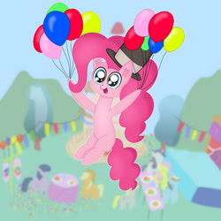 Size: 1280x1280 | Tagged: safe, artist:limitmj, applejack, derpy hooves, fluttershy, pinkie pie, rainbow dash, rarity, twilight sparkle, earth pony, pegasus, pony, unicorn, g4, balloon, cute, diapinkes, female, floating, hat, open mouth, party balloon, solo focus, then watch her balloons lift her up to the sky