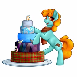 Size: 1365x1365 | Tagged: safe, artist:bronyscot, oc, oc only, oc:nessie (bronyscot), pony, bipedal, bronyscot, cake, food, looking at you, mascot, simple background, solo, white background