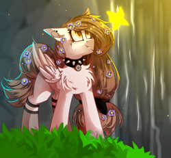 Size: 1024x948 | Tagged: safe, artist:mediasmile666, oc, oc only, butterfly, pegasus, pony, choker, female, flower, flower in hair, grass, hairband, mare, outdoors, solo, spiked choker, standing, waterfall