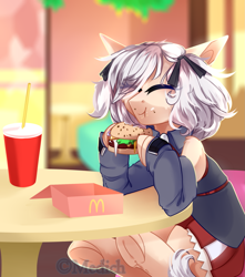 Size: 1729x1957 | Tagged: safe, artist:mediasmile666, oc, oc only, pony, burger, eating, female, food, girls' frontline, hamburger, hoof hold, mare, mcdonald's, meat, munching, ponies eating meat, shotgun, sitting, smiling, solo, spas-12, underhoof