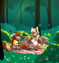 Size: 2779x3000 | Tagged: safe, artist:mediasmile666, oc, oc only, butterfly, pegasus, pony, basket, bush, clothes, duo, female, forest, freckles, grass, high res, male, mare, outdoors, pale belly, picnic, picnic basket, picnic blanket, scarf, sitting, stallion, tree, underhoof, unshorn fetlocks