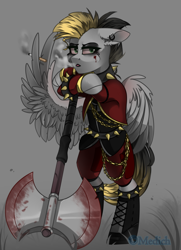 Size: 1681x2325 | Tagged: safe, artist:mediasmile666, oc, oc only, pegasus, pony, axe, battle axe, blood, cigarette, ear piercing, earring, female, jewelry, looking at you, mare, piercing, smoking, solo, weapon