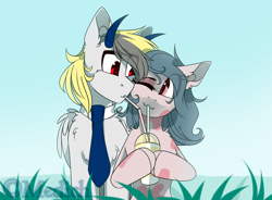 Size: 2568x1885 | Tagged: safe, artist:mediasmile666, oc, oc only, pegasus, pony, bust, coat markings, duo, female, grass, horn, looking at each other, male, mare, necktie, stallion, straight