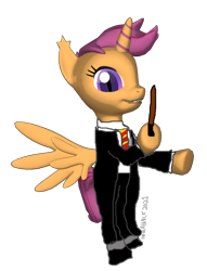Size: 516x677 | Tagged: safe, scootaloo, changeling, changepony, hybrid, pegasus, pony, g4, clothes, female, harry potter (series), pegaling, race swap, uniform