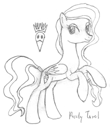 Size: 950x1096 | Tagged: safe, artist:parclytaxel, oc, oc only, oc:cygnet, pegasus, pony, series:nightliner, cutie mark, female, lineart, mare, monochrome, pencil drawing, rearing, smiling, solo, traditional art