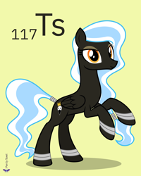 Size: 4000x5000 | Tagged: safe, artist:parclytaxel, oc, oc only, oc:cygnet, pegasus, pony, series:joycall6's periodic table, .svg available, absurd resolution, bracelet, chemistry, commission, female, hairband, jewelry, mare, periodic table, rearing, simple background, slim, smiling, solo, tail wrap, tennessine, thin, vector, yellow background