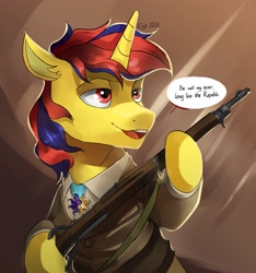 Size: 2150x2300 | Tagged: safe, artist:egil, oc, oc only, oc:sunrise moonshadow, pony, unicorn, equestria at war mod, commission, commissioner:markipoon, gun, high res, medal, solo, speech bubble, weapon