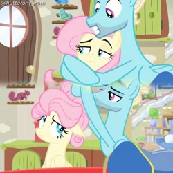 Size: 1080x1080 | Tagged: safe, edit, edited screencap, editor:fluttershygram, screencap, fluttershy, zephyr breeze, pegasus, pony, flutter brutter, g4, season 6, duo, female, hug, male, mare, smiling, stallion