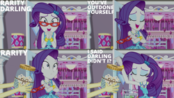 Size: 1280x720 | Tagged: safe, edit, edited screencap, editor:quoterific, screencap, fluttershy, rarity, costume conundrum, costume conundrum: rarity, equestria girls, g4, my little pony equestria girls: better together, bracelet, crossed arms, cute, darling jar, eyes closed, geode of shielding, glasses, hairpin, jewelry, magical geodes, offscreen character, open mouth, raribetes, rarity peplum dress, rarity's bedroom (equestria girls), rarity's glasses, smiling, swear jar