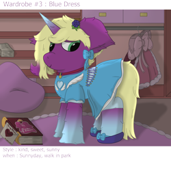 Size: 2500x2500 | Tagged: safe, artist:spiroudada, part of a set, oc, oc only, oc:velvet sky, pony, unicorn, series:velvet wardrobe reboot, blue, blue dress, book, bow, clothes, collar, crossdressing, dress, dressing, hair bow, high res, indoors, letter, male, part of a series, shoes, shy, solo, stallion, story included