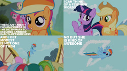 Size: 1280x720 | Tagged: safe, edit, edited screencap, editor:quoterific, screencap, apple bumpkin, apple honey, applejack, bon bon, fluttershy, linky, perfect pie, pink cloud (g4), pinkie pie, rainbow dash, scootaloo, shoeshine, spring melody, sprinkle medley, sweetie drops, twilight sparkle, twinkleshine, earth pony, pegasus, pony, unicorn, g4, season 2, the mysterious mare do well, apple family member, applejack's hat, cowboy hat, cute, cutealoo, female, filly, flying, hat, mare, open mouth, unicorn twilight