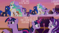 Size: 1280x720 | Tagged: safe, edit, edited screencap, editor:quoterific, screencap, princess celestia, princess luna, starlight glimmer, twilight sparkle, alicorn, pony, unicorn, a royal problem, g4, season 7, crown, cute, female, jewelry, magic, mare, open mouth, regalia, smiling, spread wings, telekinesis, toothbrush, twiabetes, twilight sparkle (alicorn), wide eyes, wings