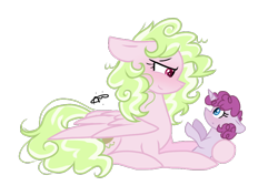 Size: 900x638 | Tagged: safe, artist:gallantserver, oc, oc only, oc:blackberry muffin, oc:key lime pie, pegasus, pony, baby, baby pony, female, lying down, mare, offspring, offspring's offspring, parent:cheese sandwich, parent:oc:artemis, parent:oc:key lime pie, parent:pinkie pie, parents:cheesepie, parents:oc x oc, prone, simple background, transparent background