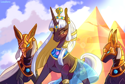 Size: 5200x3500 | Tagged: safe, artist:luna dave, oc, oc:kirsis, earth pony, pony, unicorn, armor, cloud, ear piercing, earring, egyptian, egyptian pony, horn, horn ring, jewelry, necklace, piercing, regalia, ring, sky