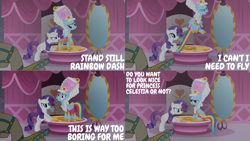 Size: 1280x720 | Tagged: safe, edit, edited screencap, editor:quoterific, screencap, rainbow dash, rarity, pegasus, pony, unicorn, g4, season 1, swarm of the century, bipedal, bipedal leaning, carousel boutique, clothes, dress, eyes closed, female, flying, jewelry, leaning, mare, mirror, open mouth, platform, powdered wig, rainbow dash is not amused, tail, tail pull, tiara, unamused