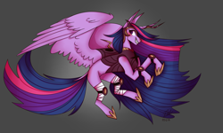 Size: 5000x3000 | Tagged: safe, artist:auss1, twilight sparkle, alicorn, pony, g4, armor, bandage, female, gray background, grin, helmet, hoof shoes, horn, knee pads, mare, sharp teeth, simple background, slit pupils, smiling, solo, teeth, twilight sparkle (alicorn), wings