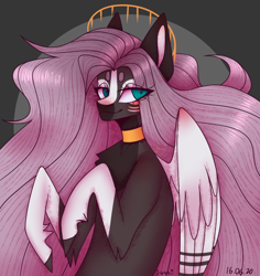 Size: 1020x1080 | Tagged: safe, artist:auss1, oc, oc only, pegasus, pony, abstract background, bust, chest fluff, choker, coat markings, female, mare, pegasus oc, smiling, socks (coat markings), solo, wings