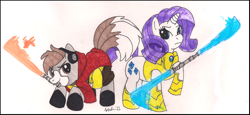 Size: 2476x1136 | Tagged: safe, artist:scittykitty, rarity, oc, earth pony, pony, unicorn, g4, armor, duo, earth pony oc, female, headphones, horn, lightsaber, magic, male, mare, raised hoof, stallion, star wars, telekinesis, weapon