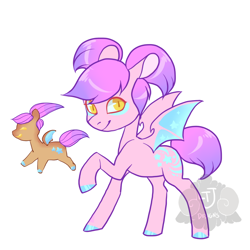 Size: 800x800 | Tagged: safe, artist:lavvythejackalope, oc, oc only, bat pony, food pony, pony, bat pony oc, bat wings, cookie, duo, female, food, hoof polish, mare, ponified, raised hoof, simple background, smiling, white background, wings