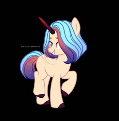 Size: 1080x1091 | Tagged: safe, artist:sia.brony, oc, oc only, pony, unicorn, black background, colored hooves, ethereal mane, grin, horn, raised hoof, simple background, smiling, solo, starry mane, unicorn oc