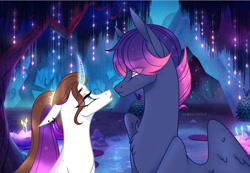 Size: 1080x746 | Tagged: safe, artist:sia.brony, oc, oc only, pegasus, pony, unicorn, bedroom eyes, bust, chest fluff, curved horn, ethereal mane, female, horn, looking at each other, male, mare, oc x oc, outdoors, pegasus oc, shipping, stallion, starry mane, straight, tree, unicorn oc, wings