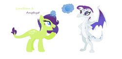 Size: 1116x537 | Tagged: safe, artist:pandoramoon110, oc, oc only, oc:amethyst, oc:limestone, dracony, dragon, hybrid, pony, duo, female, interspecies offspring, levitation, magic, offspring, parent:rarity, parent:spike, parents:sparity, siblings, simple background, sisters, telekinesis, white background
