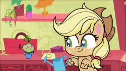 Size: 1920x1080 | Tagged: safe, screencap, applejack, hawthorne the third, earth pony, pony, g4.5, my little pony: pony life, terrorarium, animated, applejack's hat, bipedal, cowboy hat, duo, female, hat, male, mare, plant, shrinking, surprised, water, watering, watering can