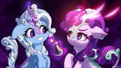 Size: 3200x1800 | Tagged: safe, artist:symbianl, starlight glimmer, trixie, kirin, pony, g4, bottle, cork, cross-popping veins, duo, duo female, female, floppy ears, glowing, glowing horn, grin, high res, horn, implied transformation, kirin starlight, kirin trixie, kirin-ified, levitation, magic, magic aura, potion, sheepish grin, smiling, species swap, starlight glimmer is not amused, sweat, sweatdrops, telekinesis, this will end in nirik, unamused