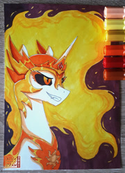 Size: 900x1250 | Tagged: safe, artist:alicetriestodraw, daybreaker, princess celestia, alicorn, pony, g4, armor, fire, grin, marker drawing, smiling, solo, traditional art