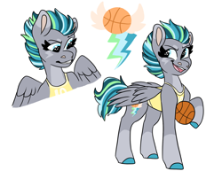 Size: 1498x1209 | Tagged: safe, artist:moccabliss, oc, oc:hoopla, pegasus, pony, basketball, clothes, female, mare, offspring, parent:cozy glow, parent:rumble, shirt, simple background, sports, white background