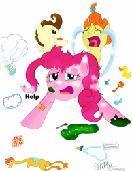 Size: 900x1159 | Tagged: safe, artist:stepany1234, pinkie pie, pound cake, pumpkin cake, earth pony, pegasus, pony, unicorn, baby cakes, g4, baby bottle, baby food, bandaid, bow, crying, cube, diaper, eyes closed, foal powder, foalsitter, milk, ocular gushers, open mouth, pacifier, rattle, rubber chicken, rubber duck, spoon, stressed, tongue out