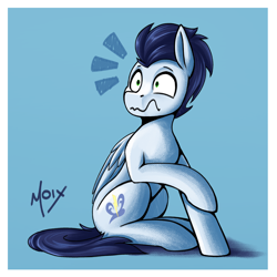 Size: 2000x2000 | Tagged: safe, artist:supermoix, soarin', pegasus, pony, g4, cute, emanata, folded wings, high res, male, scared, simple background, solo, stallion, wavy mouth, wide eyes, wings