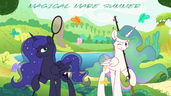Size: 1280x720 | Tagged: safe, artist:dormin-dim, edit, princess celestia, princess luna, alicorn, butterfly, pony, g4, butterfly net, commission, fishing rod, looking at you, missing accessory, one eye closed, royal sisters, siblings, sisters, summer, water, wink, ych result