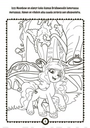 Size: 1000x1415 | Tagged: safe, izzy moonbow, pony, unicorn, g5, official, black and white, book, bridlewood, bridlewood forest, coloring page, female, finnish, grayscale, looking at you, mare, monochrome, open mouth, smiling, smiling at you, solo, text, translated in the description