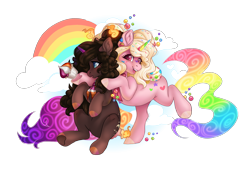 Size: 2400x1636 | Tagged: safe, artist:shady-bush, oc, oc only, oc:funfetti, oc:jessica, original species, pony, scented pony, closed species, female, mare, rainbow, simple background, transparent background