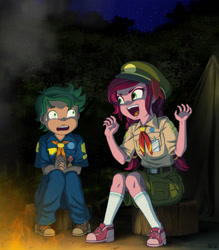 Size: 1200x1367 | Tagged: safe, artist:uotapo, gloriosa daisy, timber spruce, equestria girls, g4, my little pony equestria girls: legend of everfree, brother and sister, campfire, clothes, duo, fear, female, fire, male, open mouth, pants, scary, scary stories, scout uniform, shoes, shorts, siblings, sitting, sweat, sweatdrop, uotapo is trying to murder us, younger
